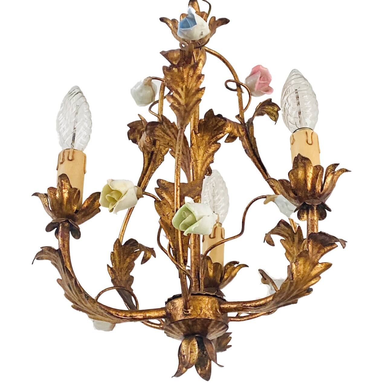 Vintage Italian Roses Porcelain Chandelier Gold Gilded Baroque Rococco 1950s