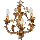 Vintage Italian Roses Porcelain Chandelier Gold Gilded Baroque Rococco 1950s