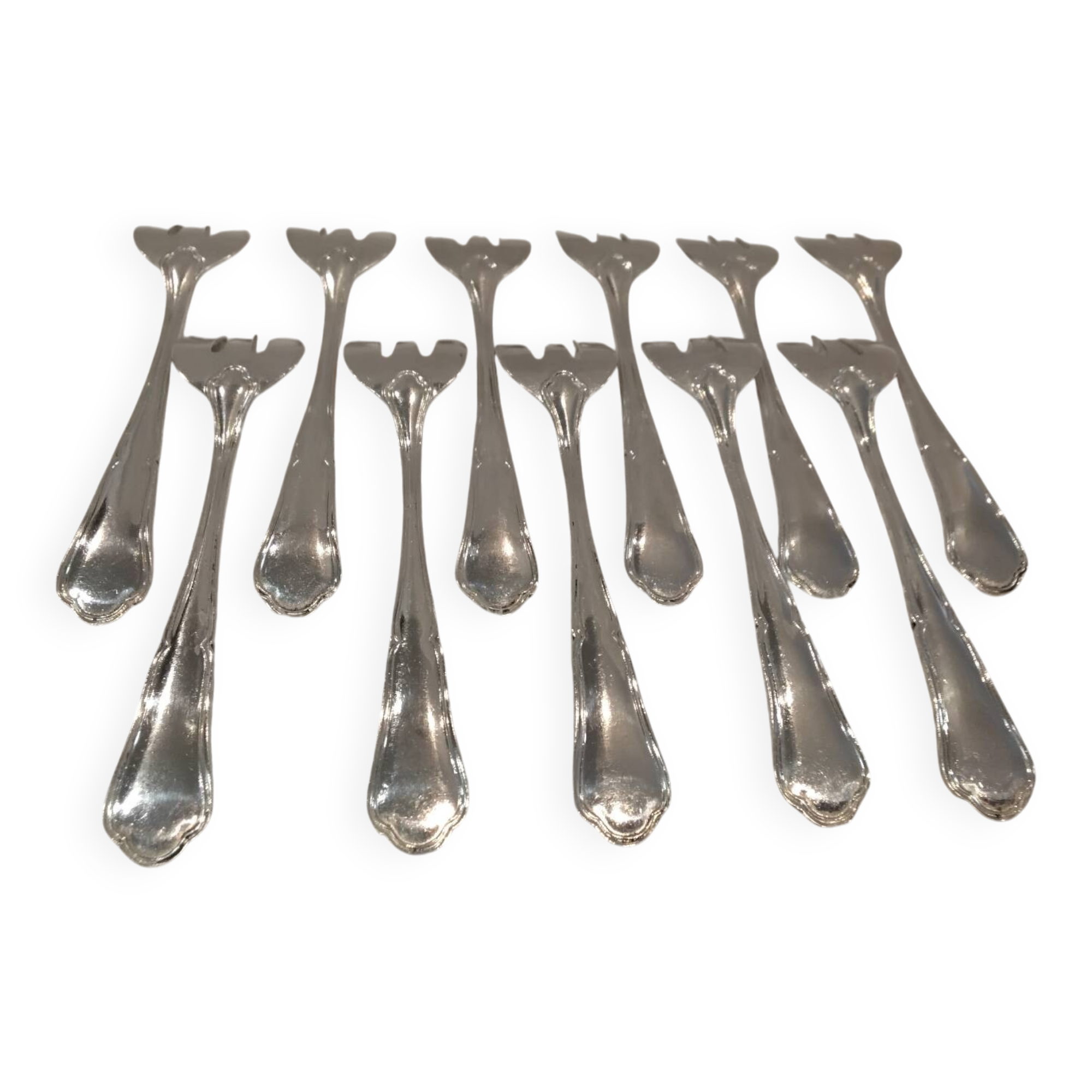 11 silver-plated oyster forks by Orbrille, 13.2cm