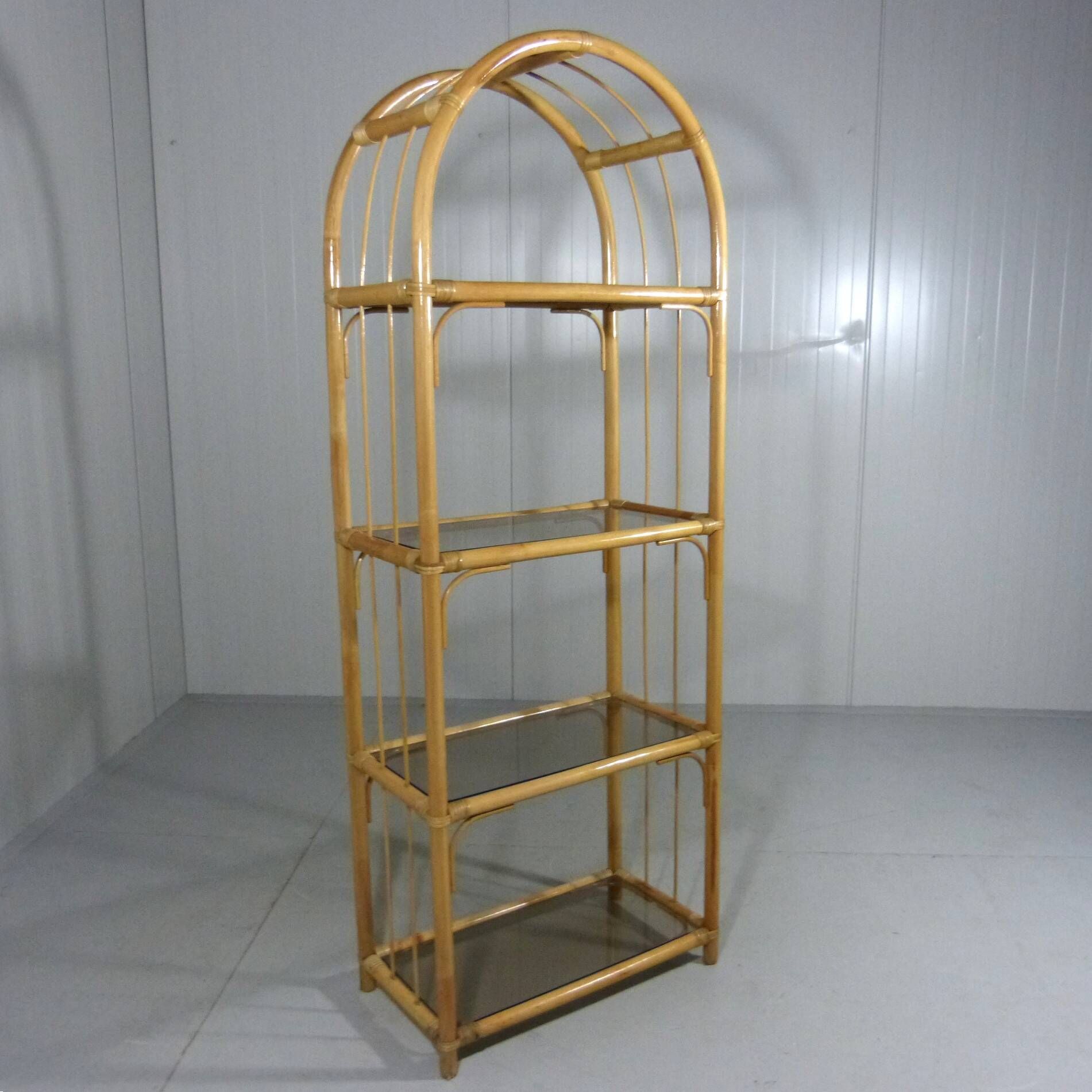 Rattan & smoked glass display rack 1970’s