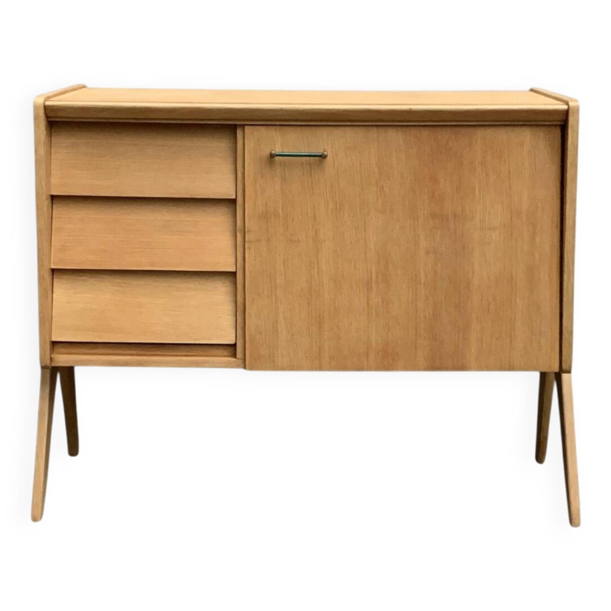Vintage chest of drawers with compass legs, light oak, 1960s