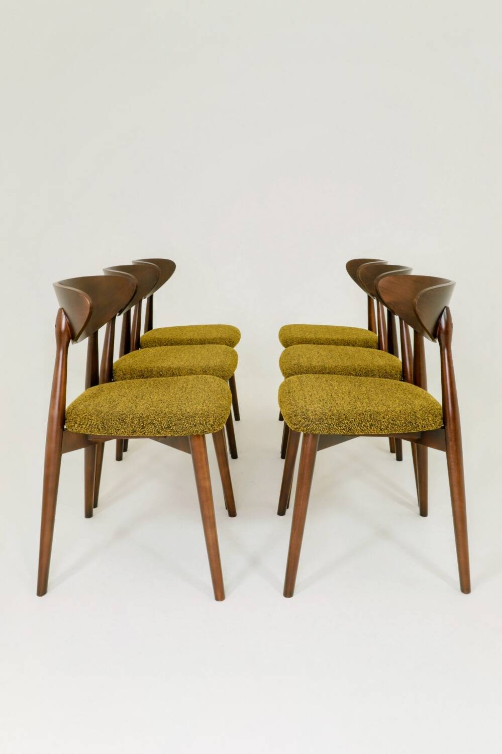 Set of 6 Modern Beech Wood Dining Chair, Yellow Bouclè, Dark Wood