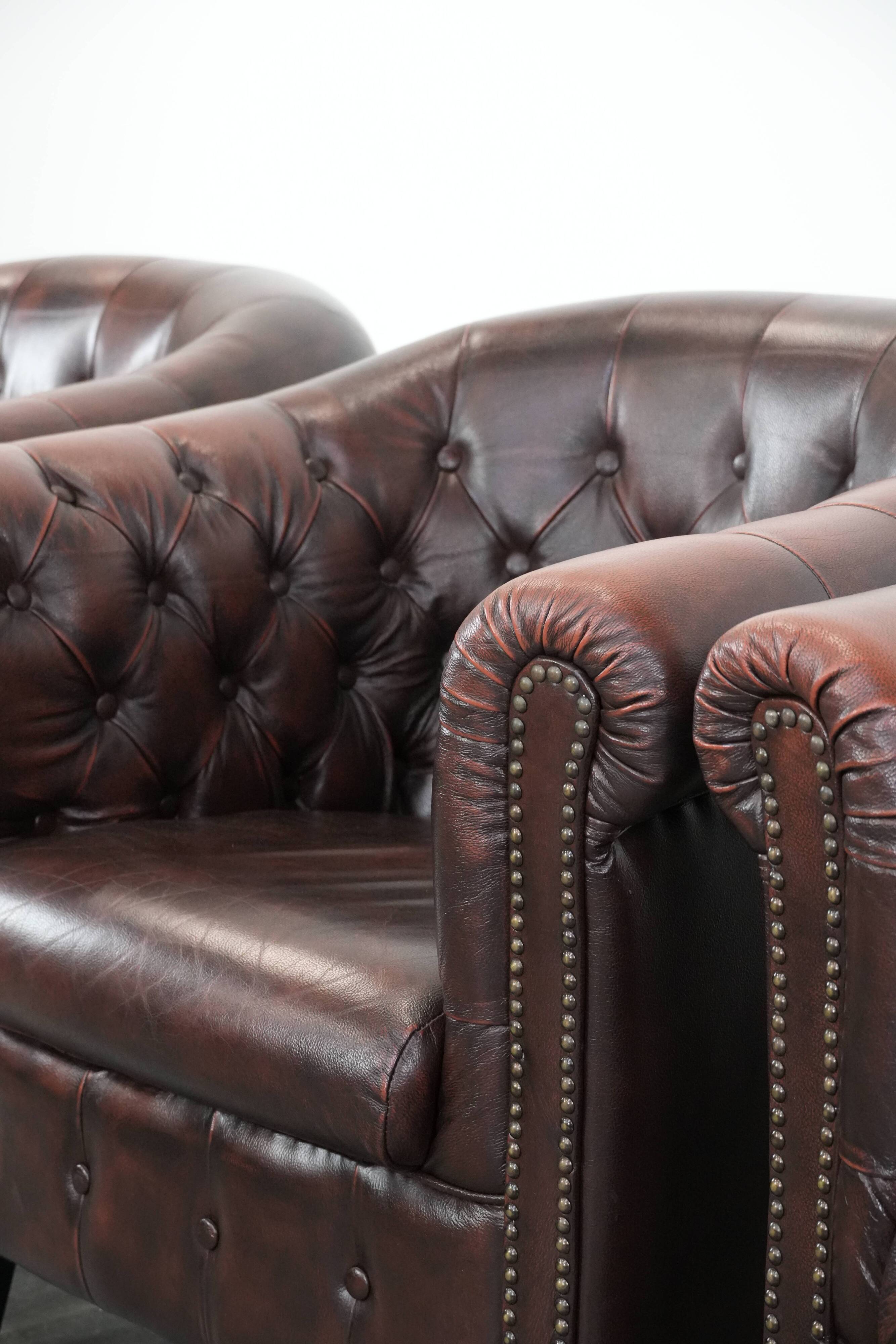 Set of three classic English-style Chesterfield cowhide  club armchairs