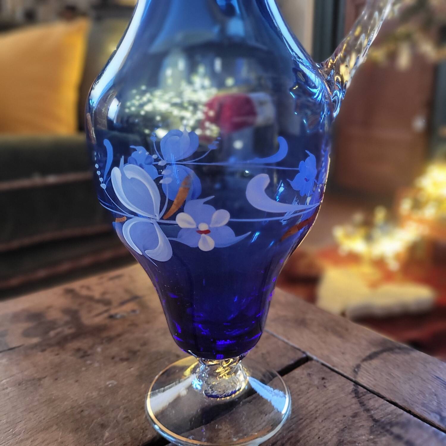 Ewer/pitcher, cobalt blue glass, enameled with flowers, 1950s-60s