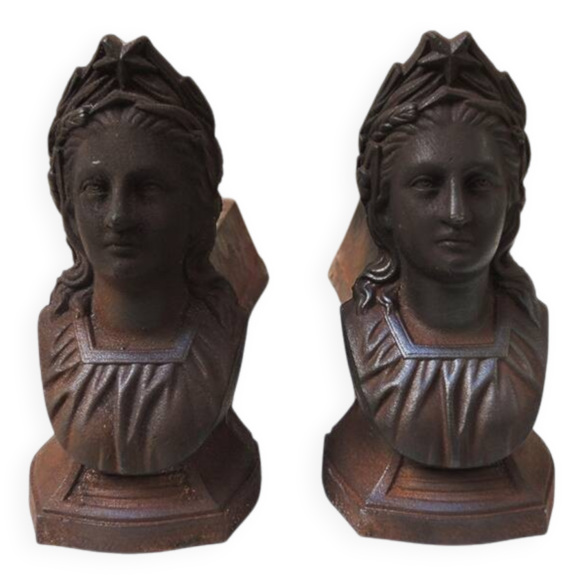 Antique Cast Iron Andirons: Bust of a Starry Woman