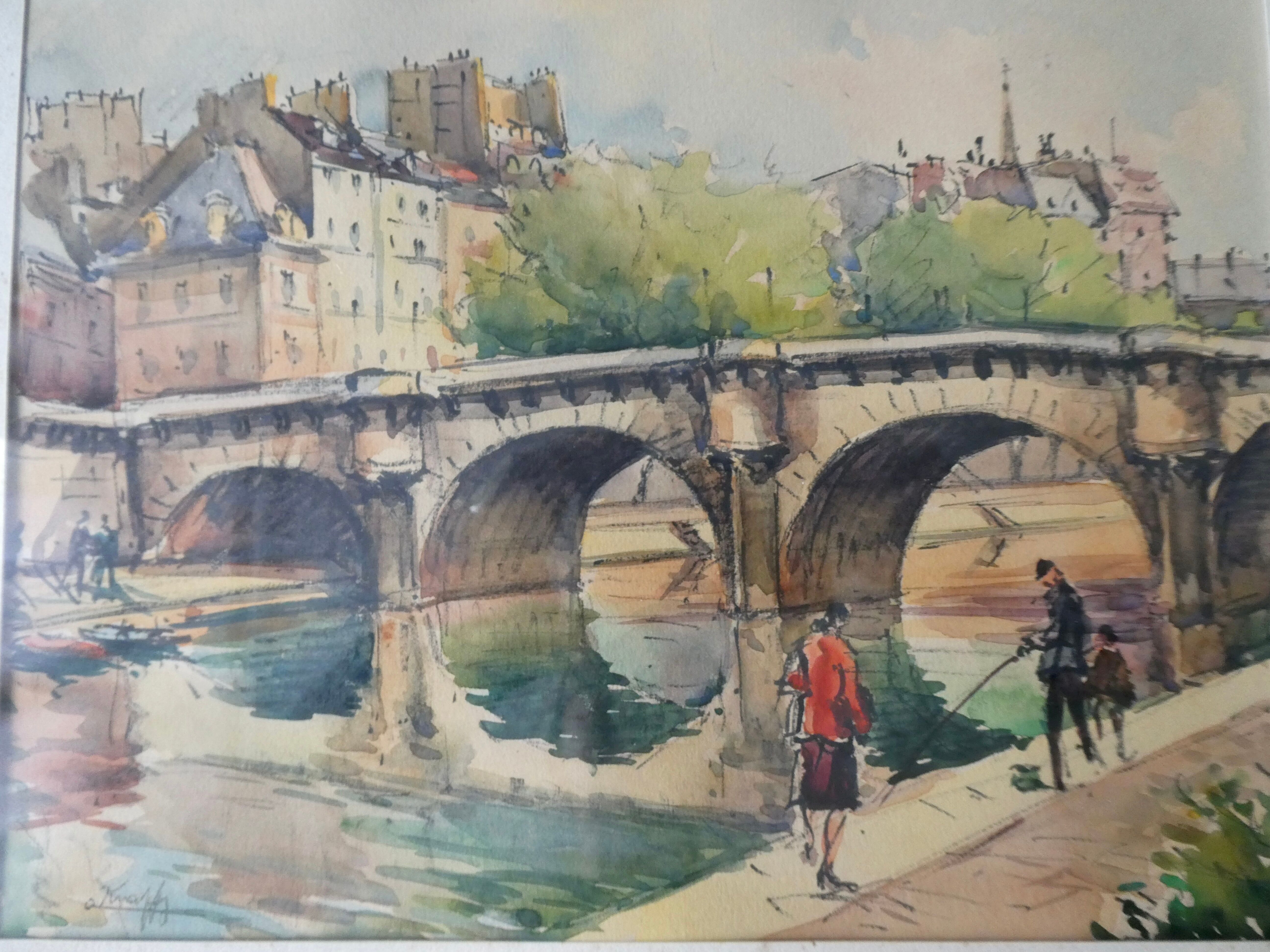 Engraving painting of the Pont Neuf in Paris, 50s