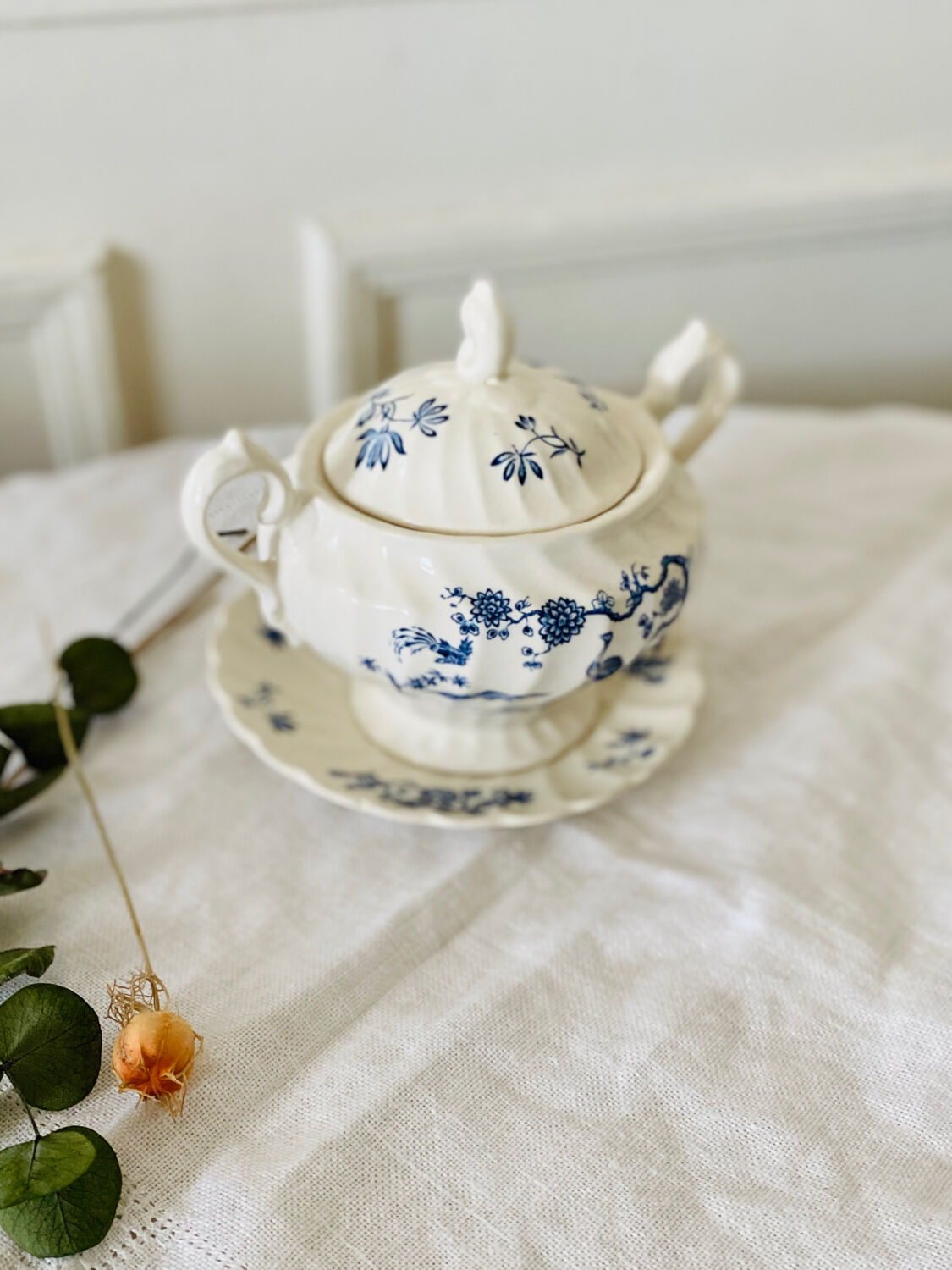 Old English porcelain sugar bowl Myott Staffordshire blue exotic birds decor