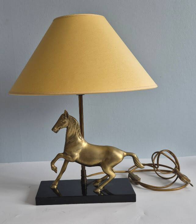 Brass and wood horse lamp