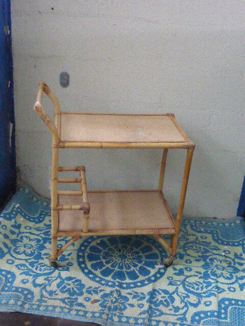 1960 vintage wicker rattan and bamboo trolley