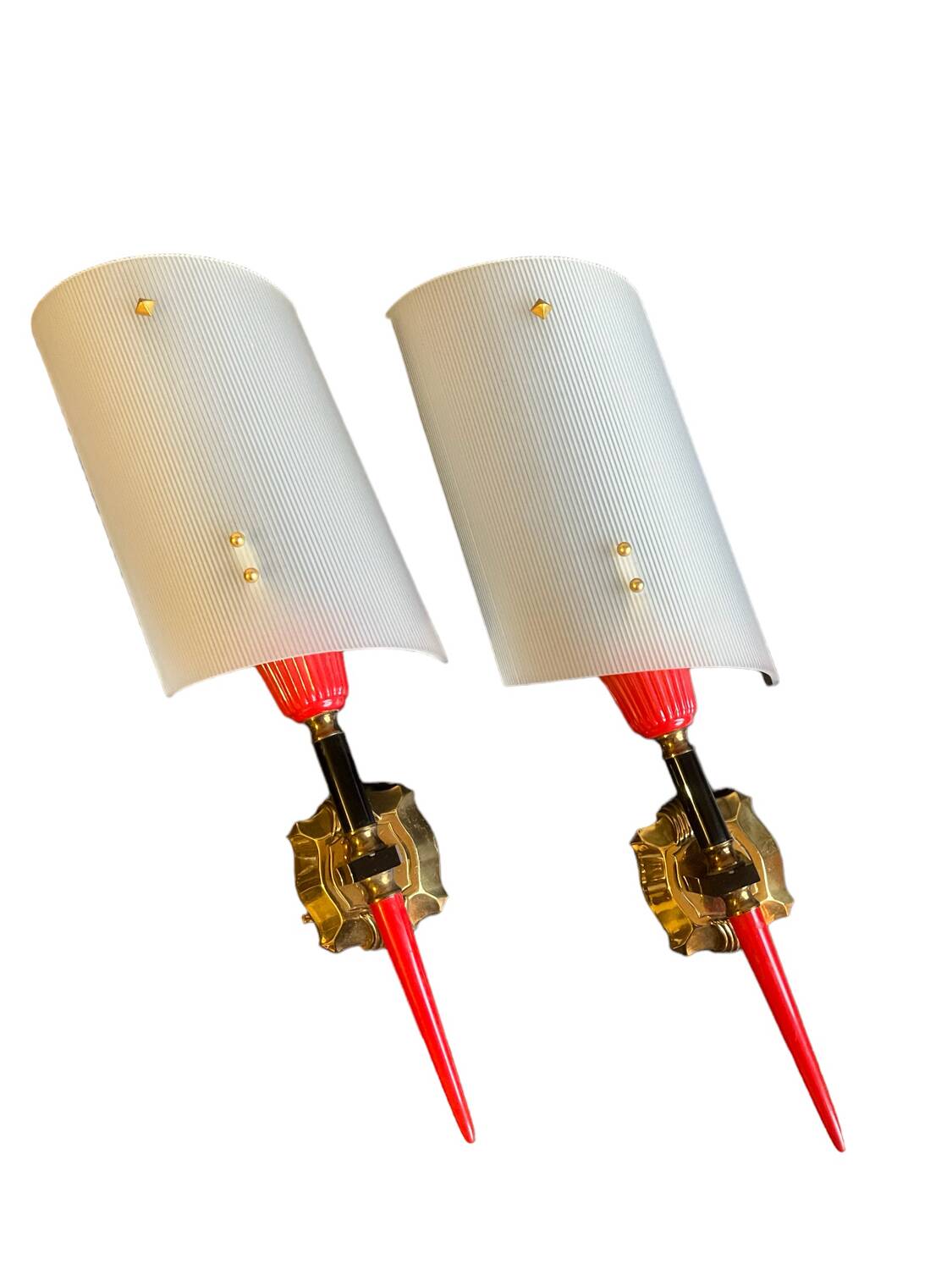 Pair of circa 70s plastic and brass wall lights