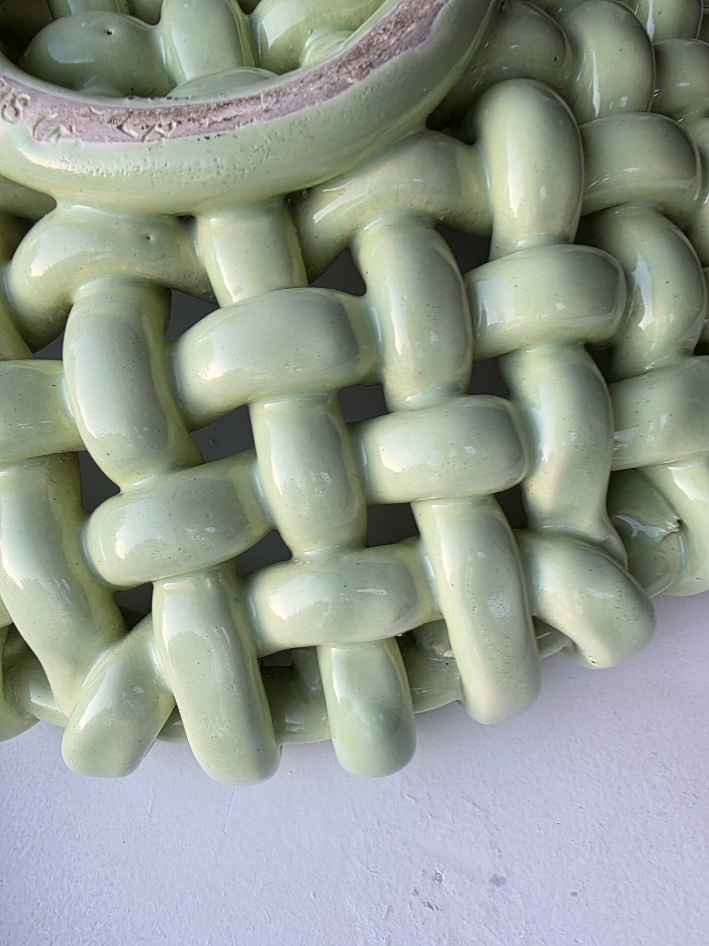 Light green woven ceramic basket Jérome Massier Vallauris
