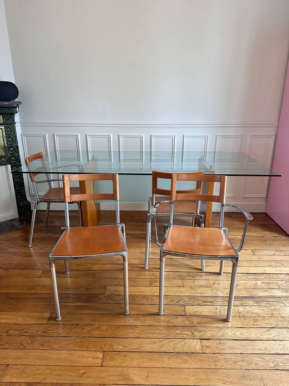 Italian architect's table Segis, 14 mm glass / wood / steel, fine year