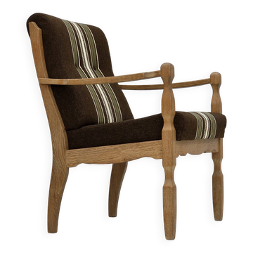 1970s, Danish armchair, original striped furniture wool, carved oak wood.