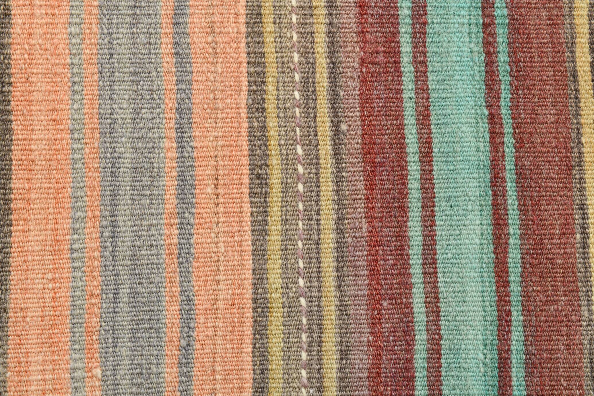 4x7 Pale Orange & Mint Green Striped Wool Kilim Rug, Washable Rug,126x210Cm