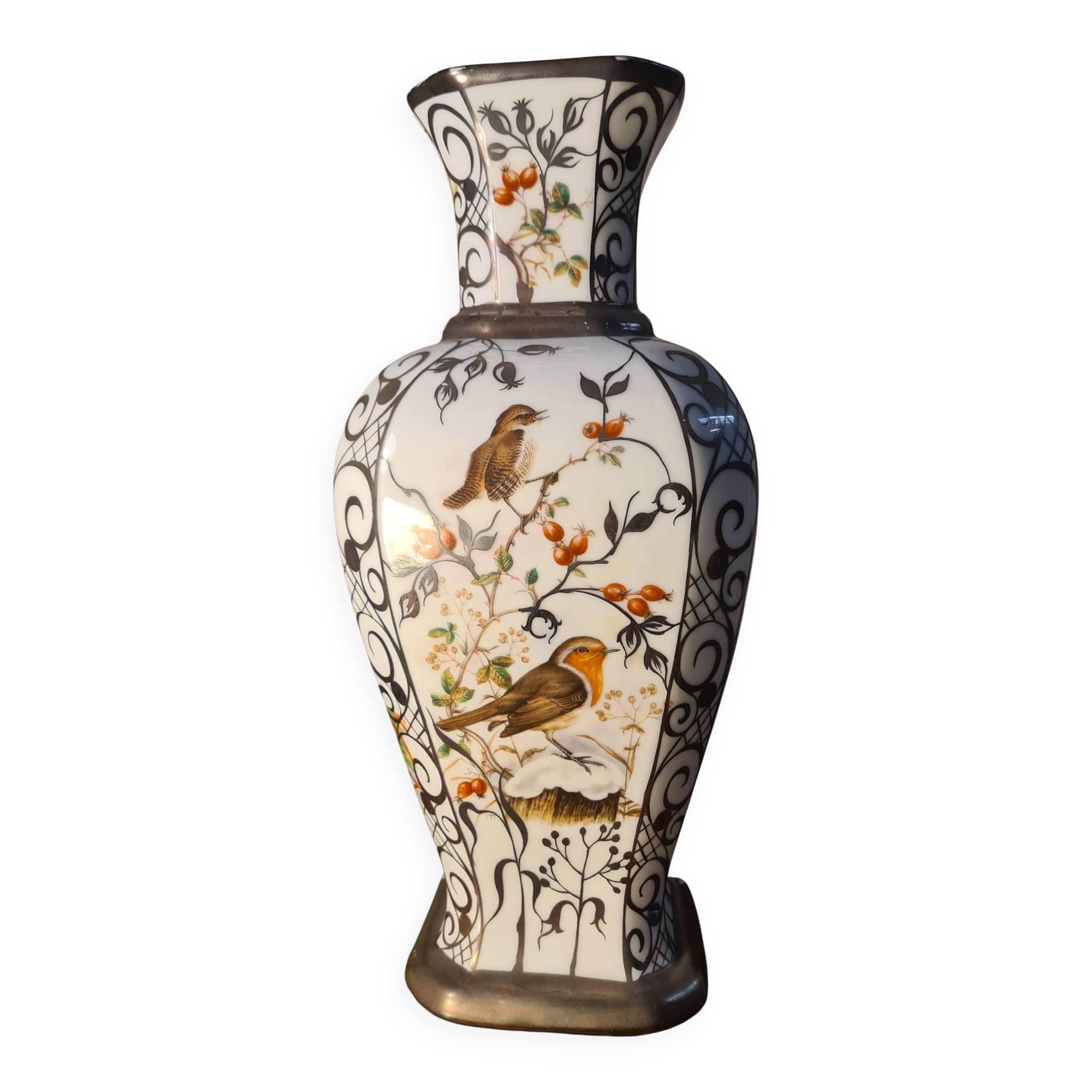 ceramic vase with birds BOHEMIA porcelain 1960 37x17 beautiful size