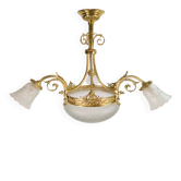 Antique Art Deco Glass and Bronze Chandelier, France, 1930s
