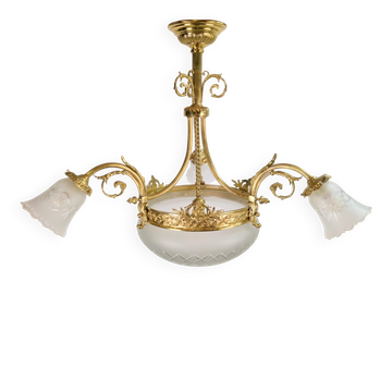 Antique Art Deco Glass and Bronze Chandelier, France, 1930s