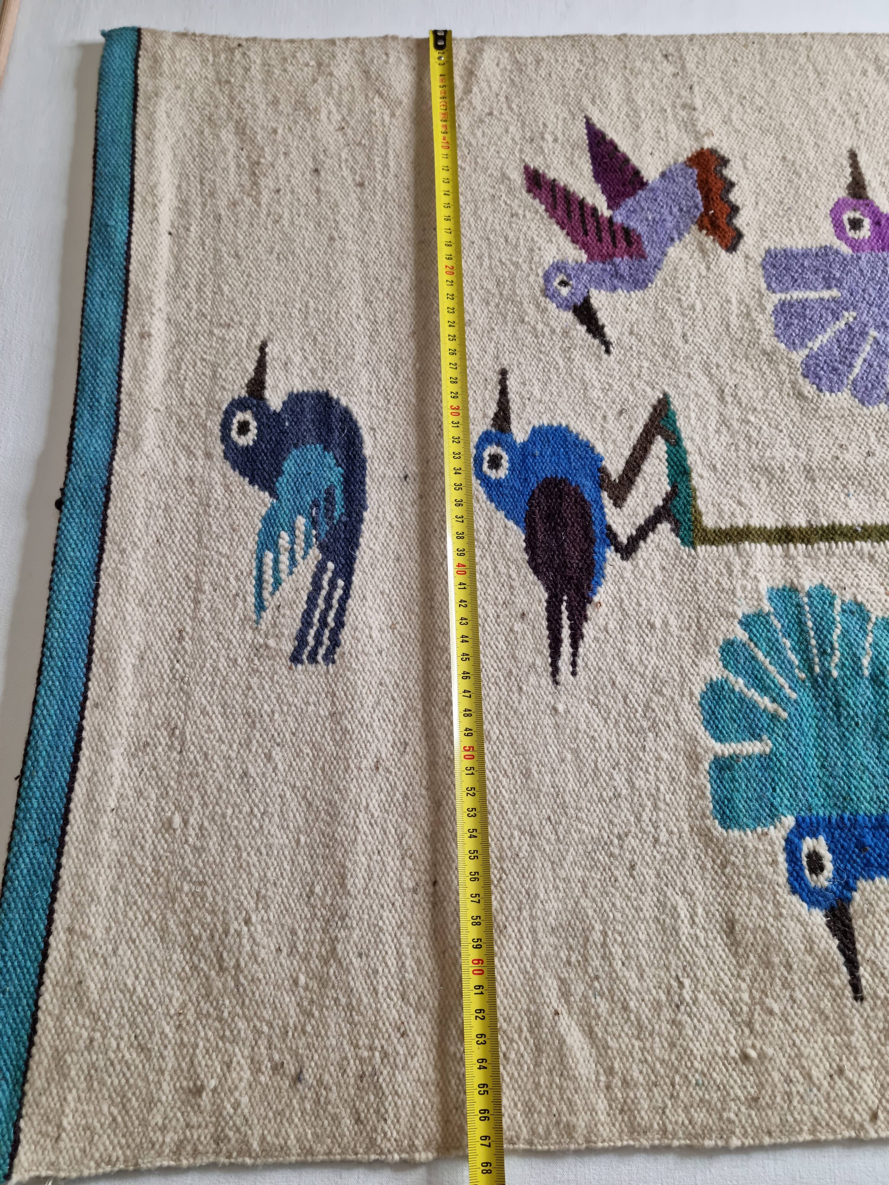 Handcrafted wall tapestry in dyed wool, bird decor, 67 cm by 84 cm