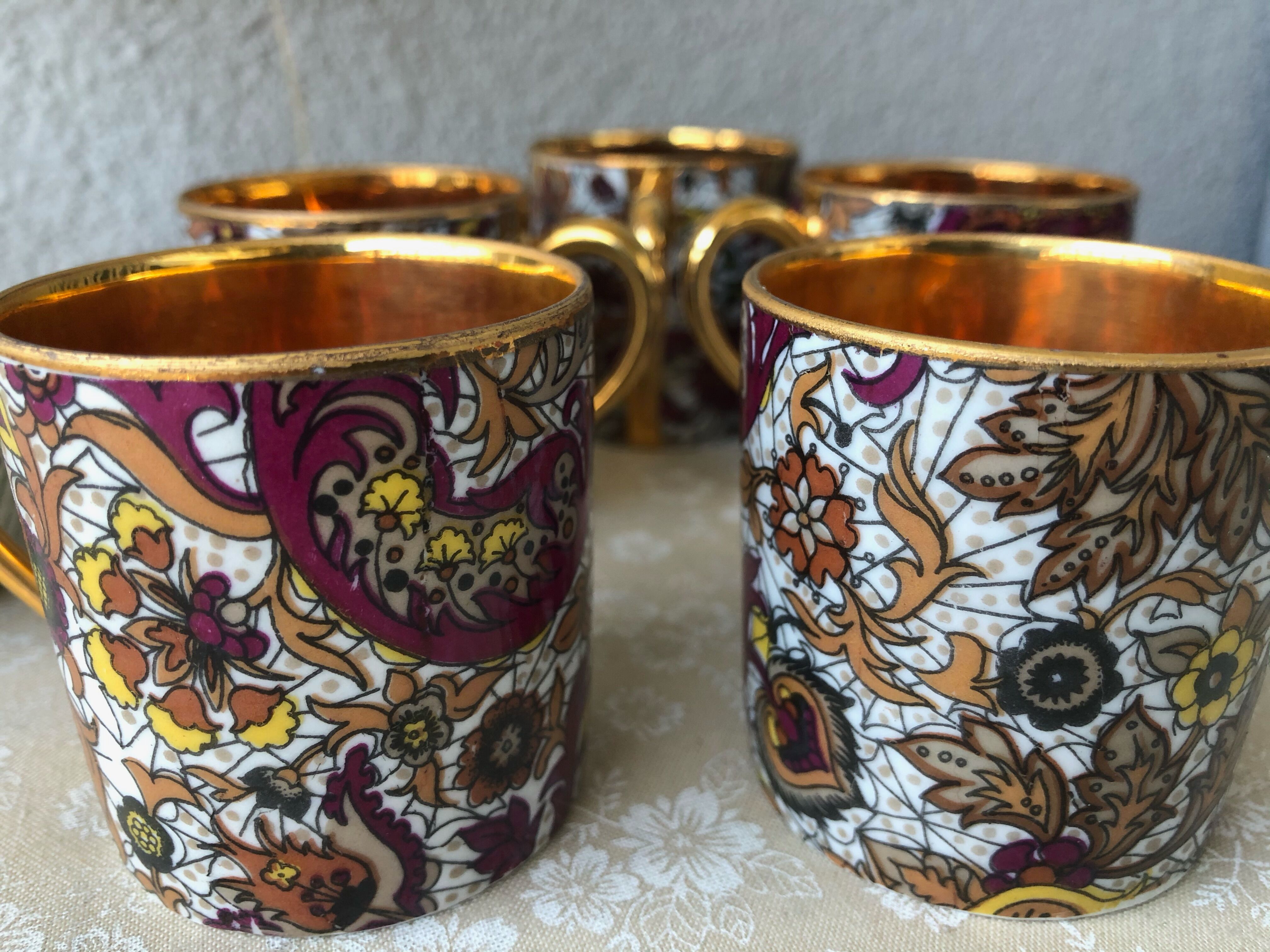 Royal porcelain coffee cups from Luxe inside copper gold cashmere pattern
