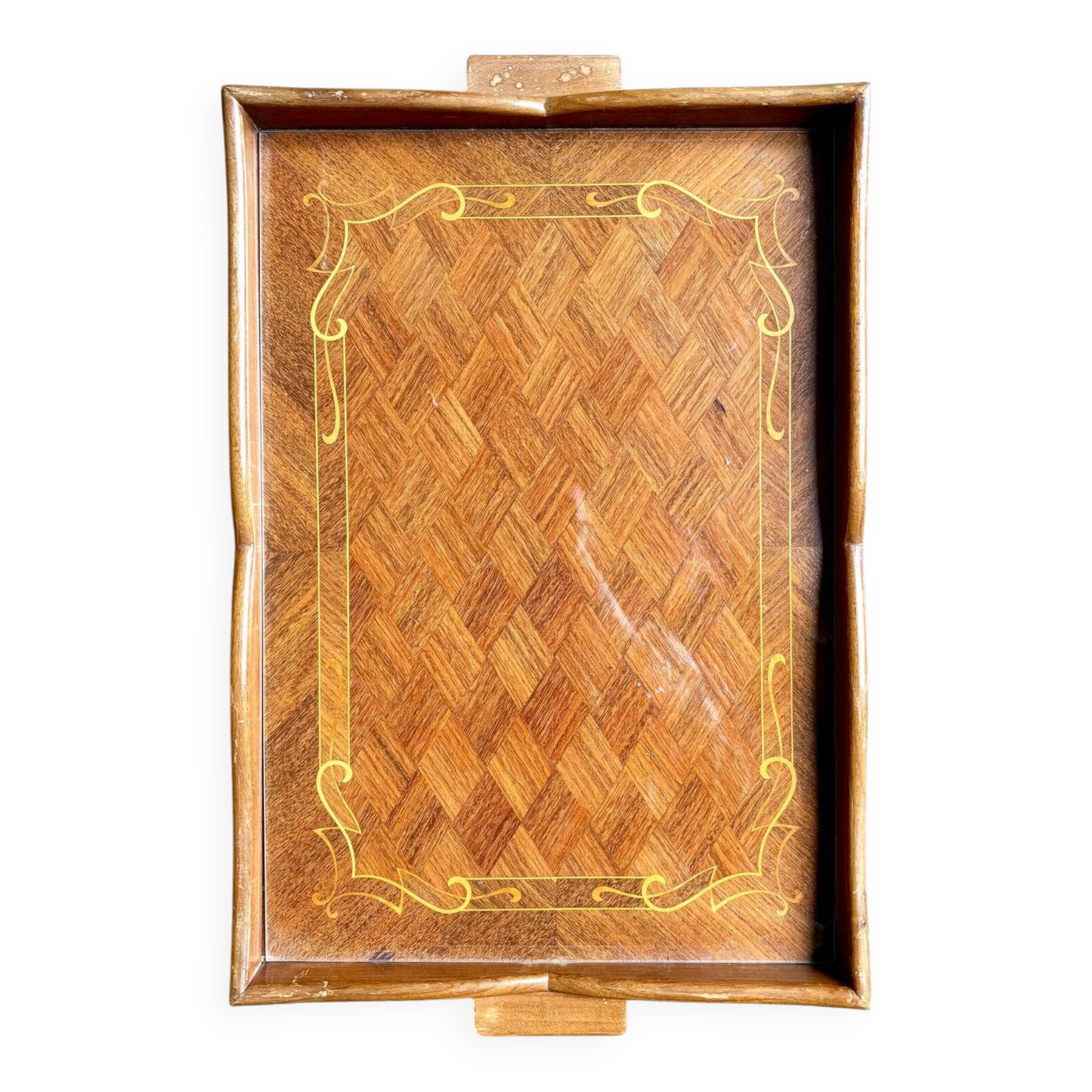 Inlaid wood and glass top