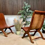 Set of 2 Spanish high-back leather slipper chairs by Pierre Lottier, 1950s