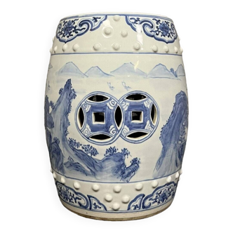 China circa 1900: blue-white porcelain stool, decorated with an openwork lake landscape