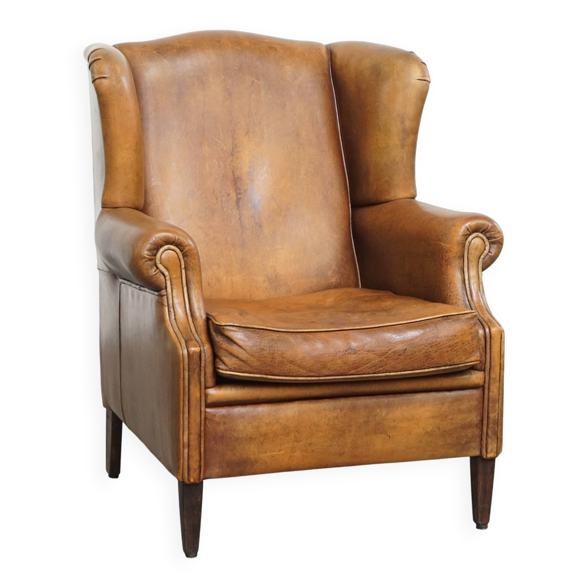 Vintage Sheepskin Leather Wingback Chair