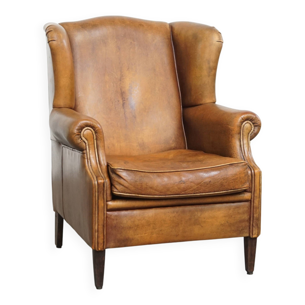 Fauteuil à oreilles vintage en cuir de mouton