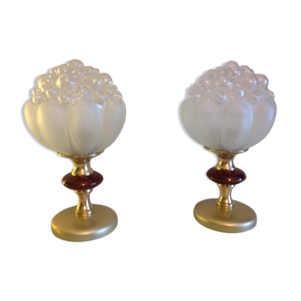 Pair of bubbled glass globe bedside lamps / vintage 60s-70s