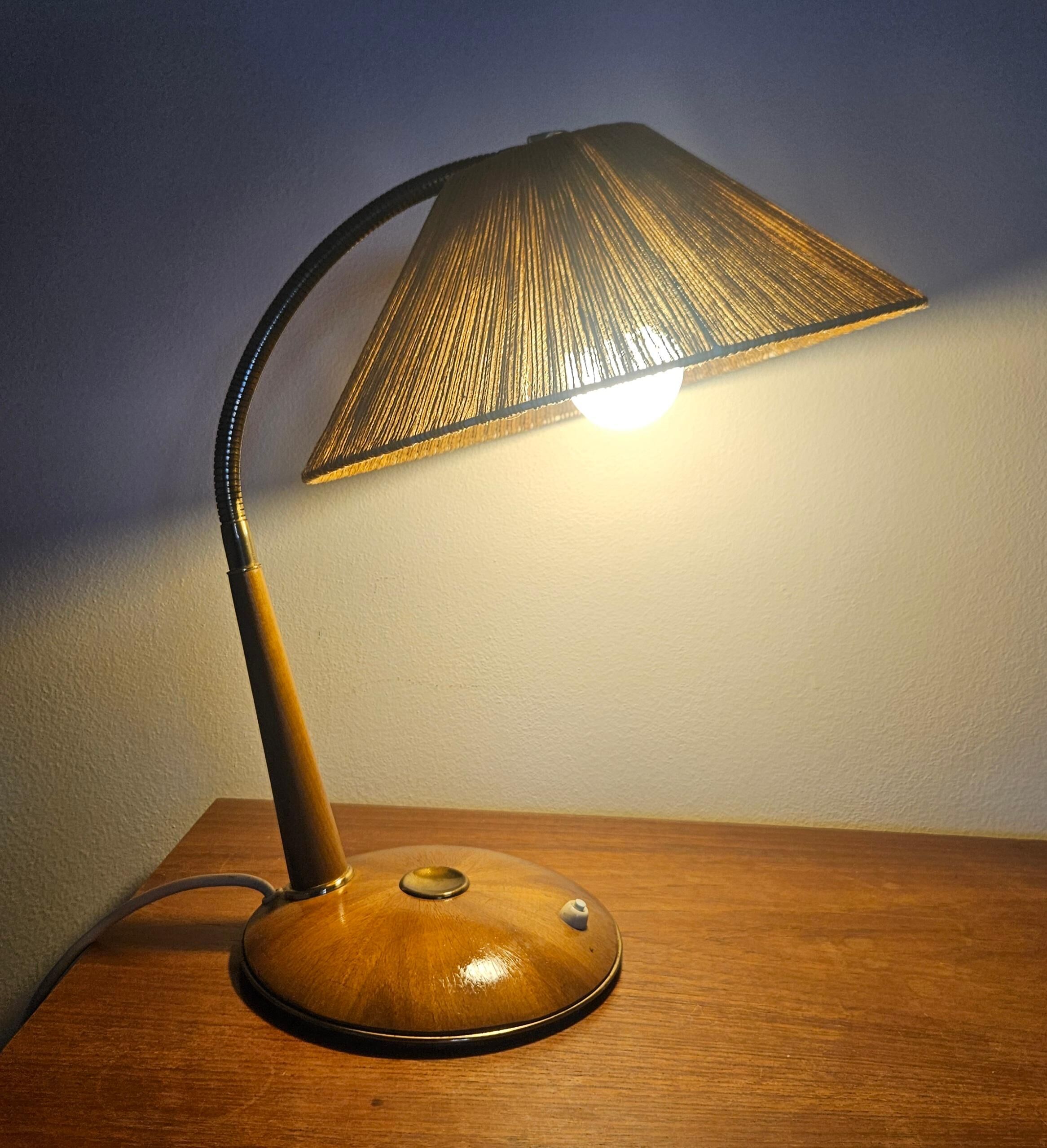 Rare table lamp Temde, teak and sisal, Switzerland, 1960s