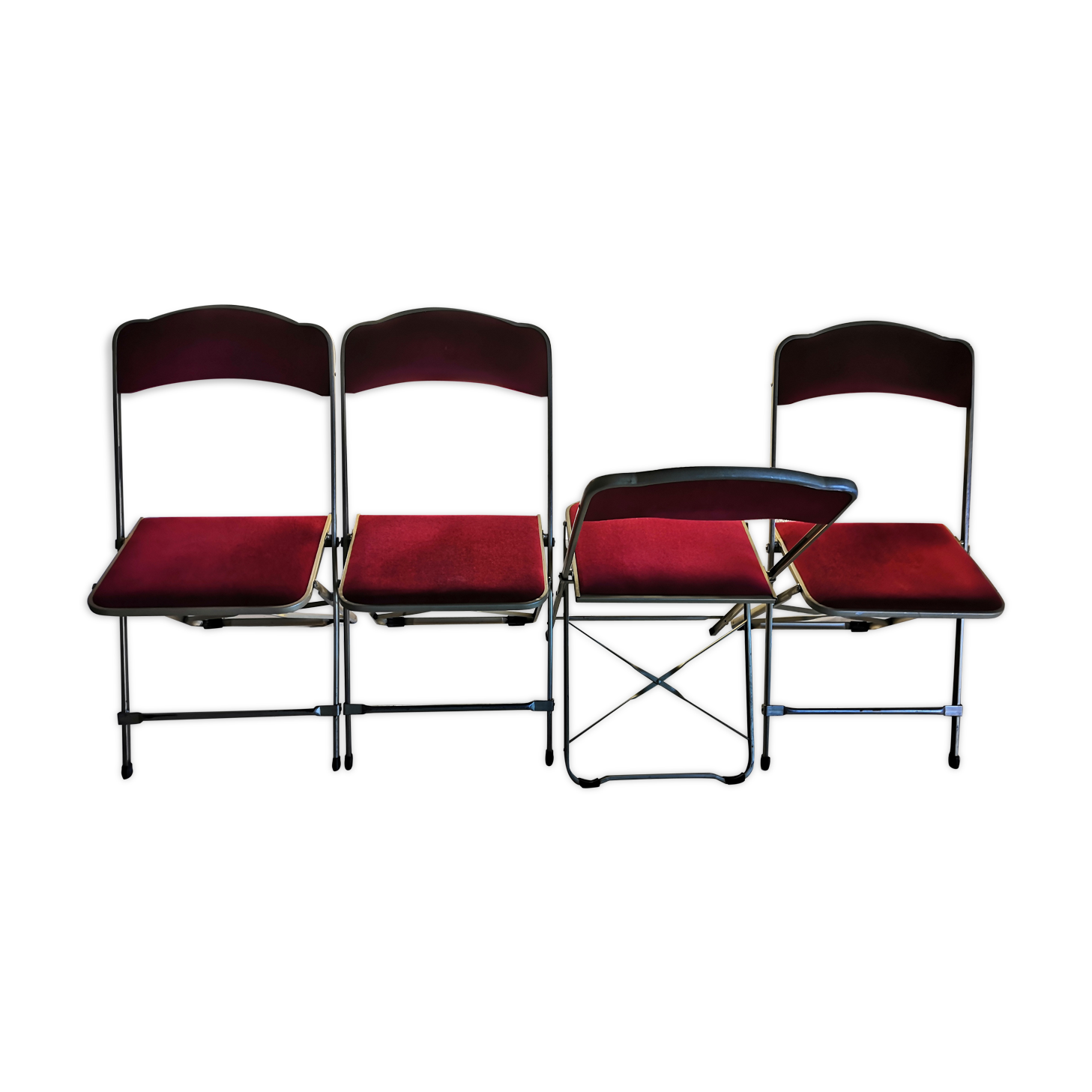 Suite of 4 folding chairs opera red velvet and vintage brass structure