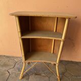 Vintage rattan bar from the 60s with rounded shapes and a shelf for glasses