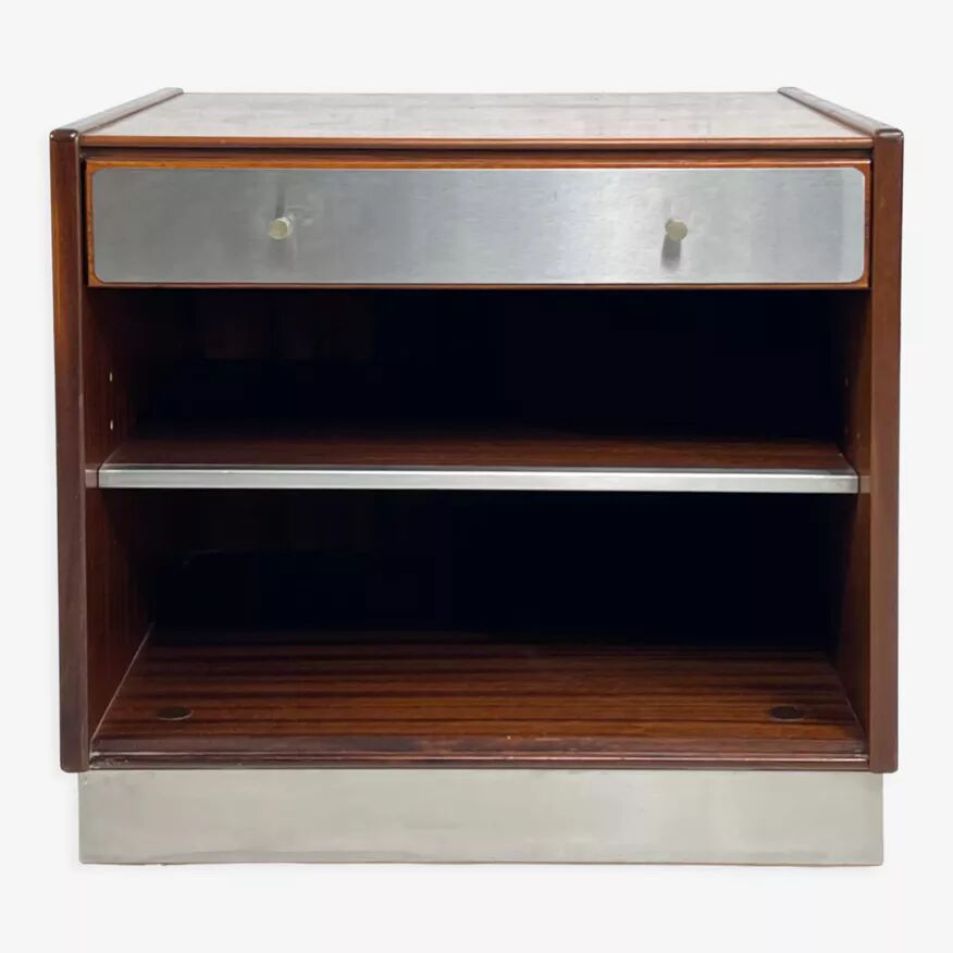 Vintage bedside table in rosewood and brushed aluminum