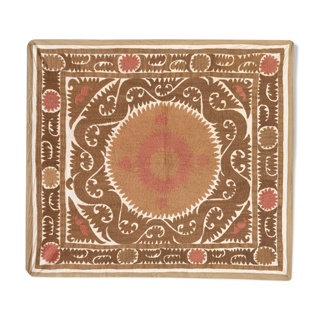Jet De Lit Ancien Suzani – Broderie Ouzbèke Faite Main – 160x127cm – Coton Et Soie