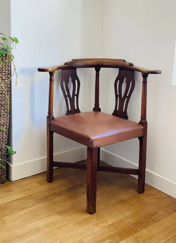19th century corner armchair in solid pegged oak and imitation leather