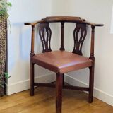 19th century corner armchair in solid pegged oak and imitation leather