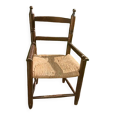 Small wooden and vintage straw children's chair Varnished wood and woven straw