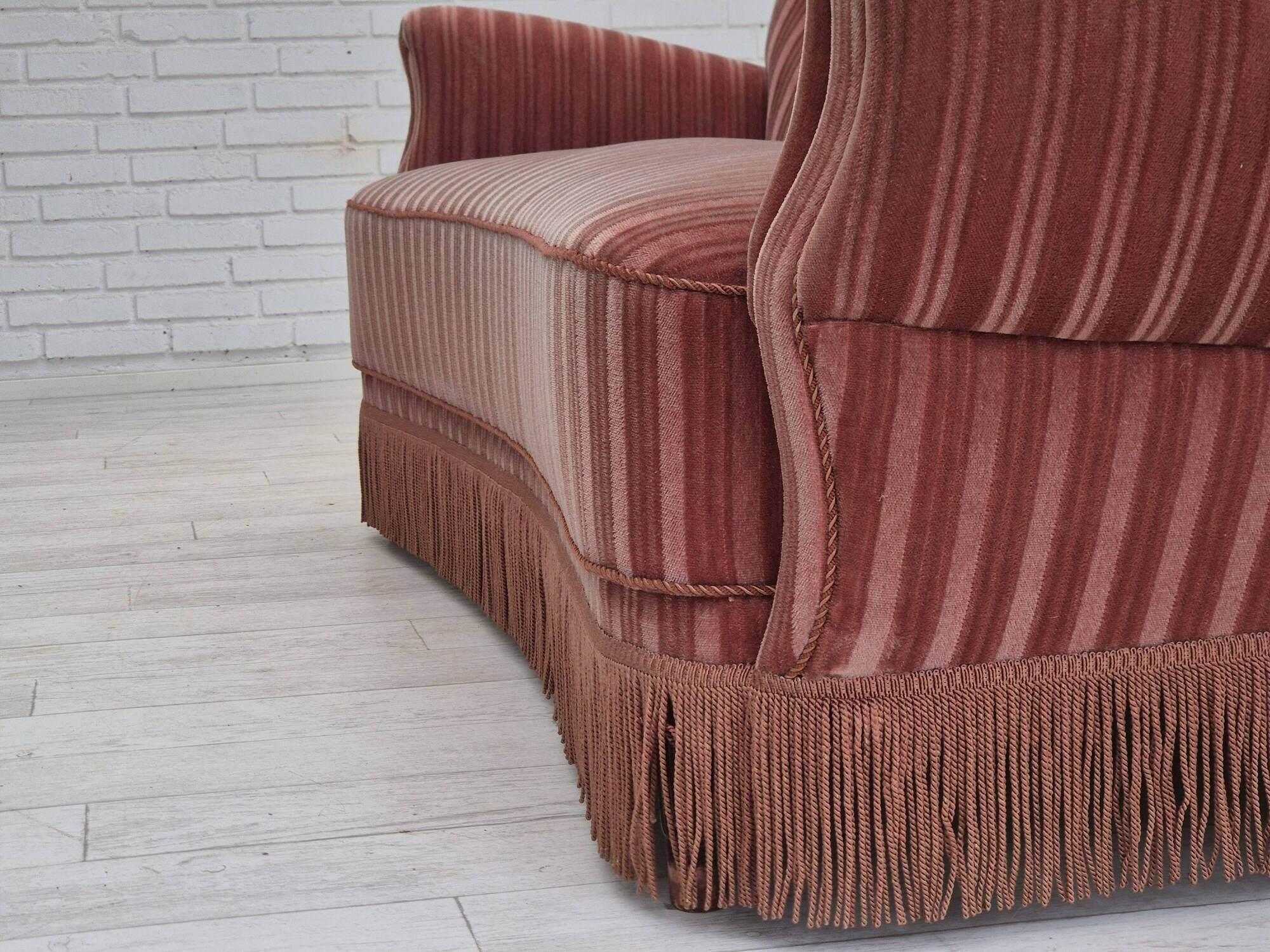 1960s, Danish 3-seater curved sofa, pink-salmon furniture velour, original.
