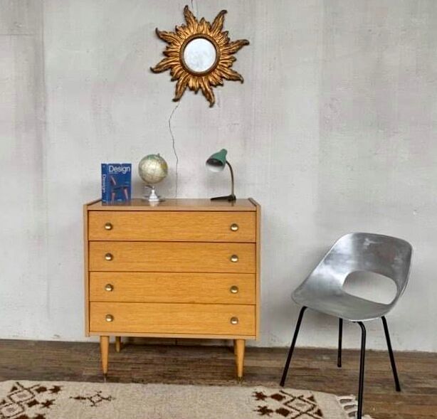 Vintage modernist light chene dresser has 4 drawers anne 1960