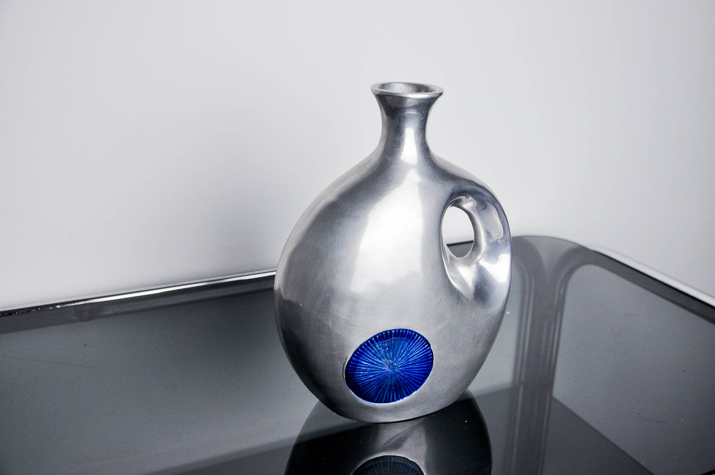 Biomorphic vase by Art3, aluminum and blue glazed ceramic, Spain, 1980