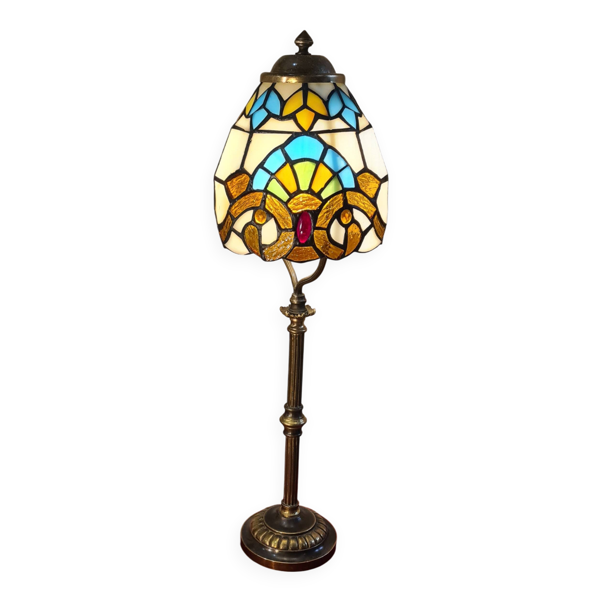 1920s brass lamp with tiffany stained glass shade 48x14