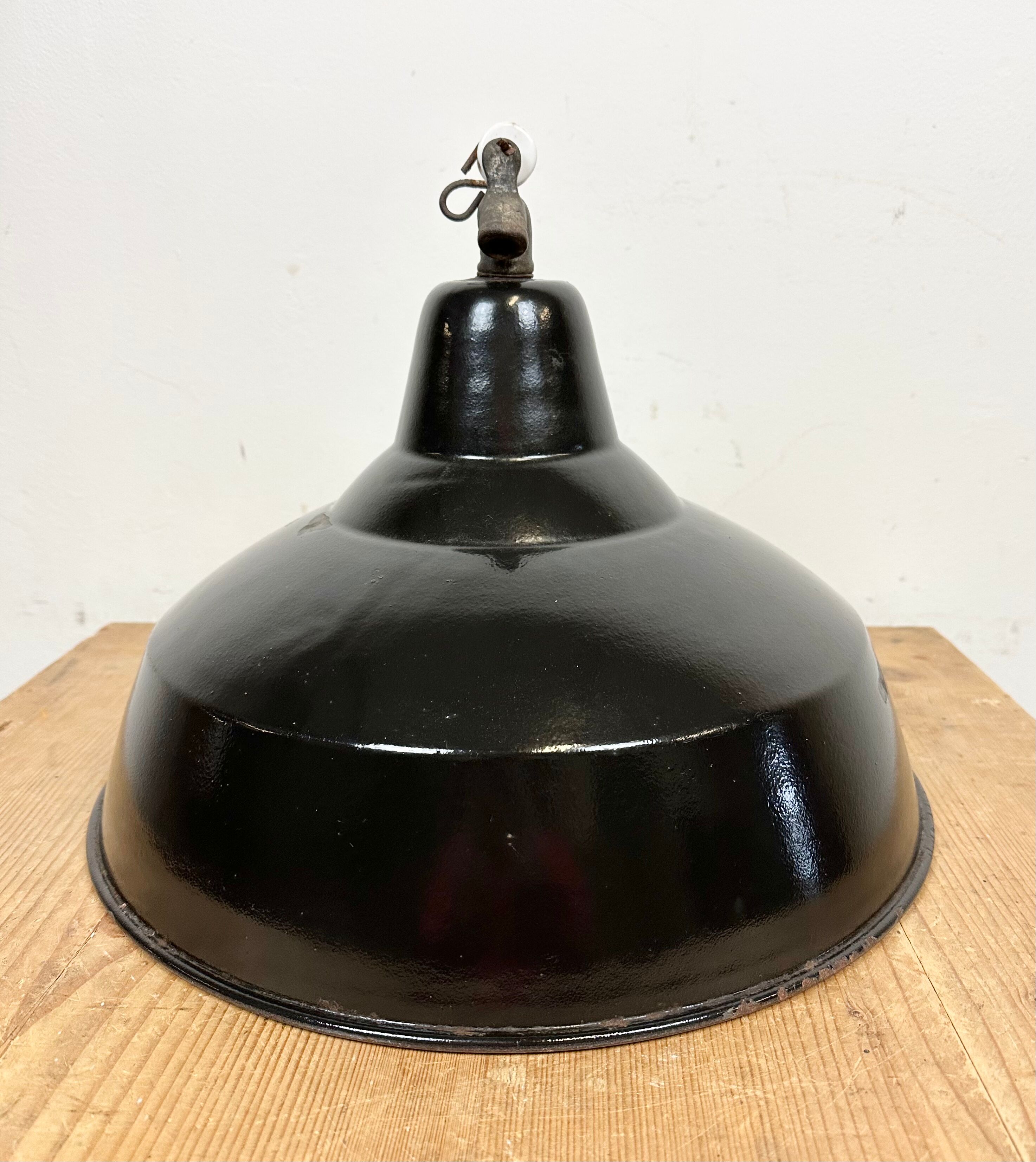 Industrial Black Enamel Factory Lamp with Cast Iron Top, 1950s