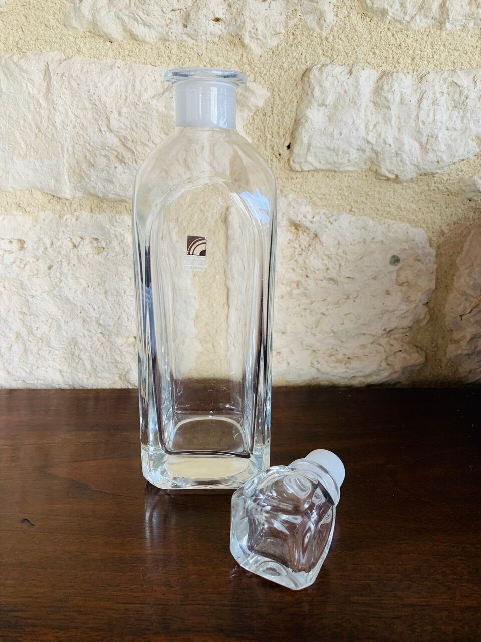 Set, vintage crystal whiskey decanter with 6 glasses, by Luigi Bormioli, circa 70's