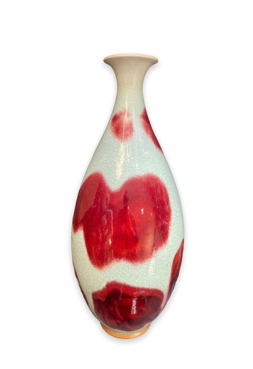 Large baluster vase in Chinese cracked ceramic Pigeon blood and celadon
