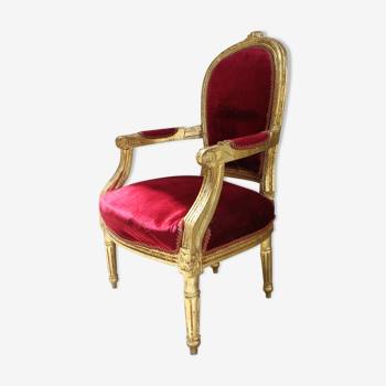 Fauteuil médaillon velours rouge style Louis XVl dorure à la feuille d'or