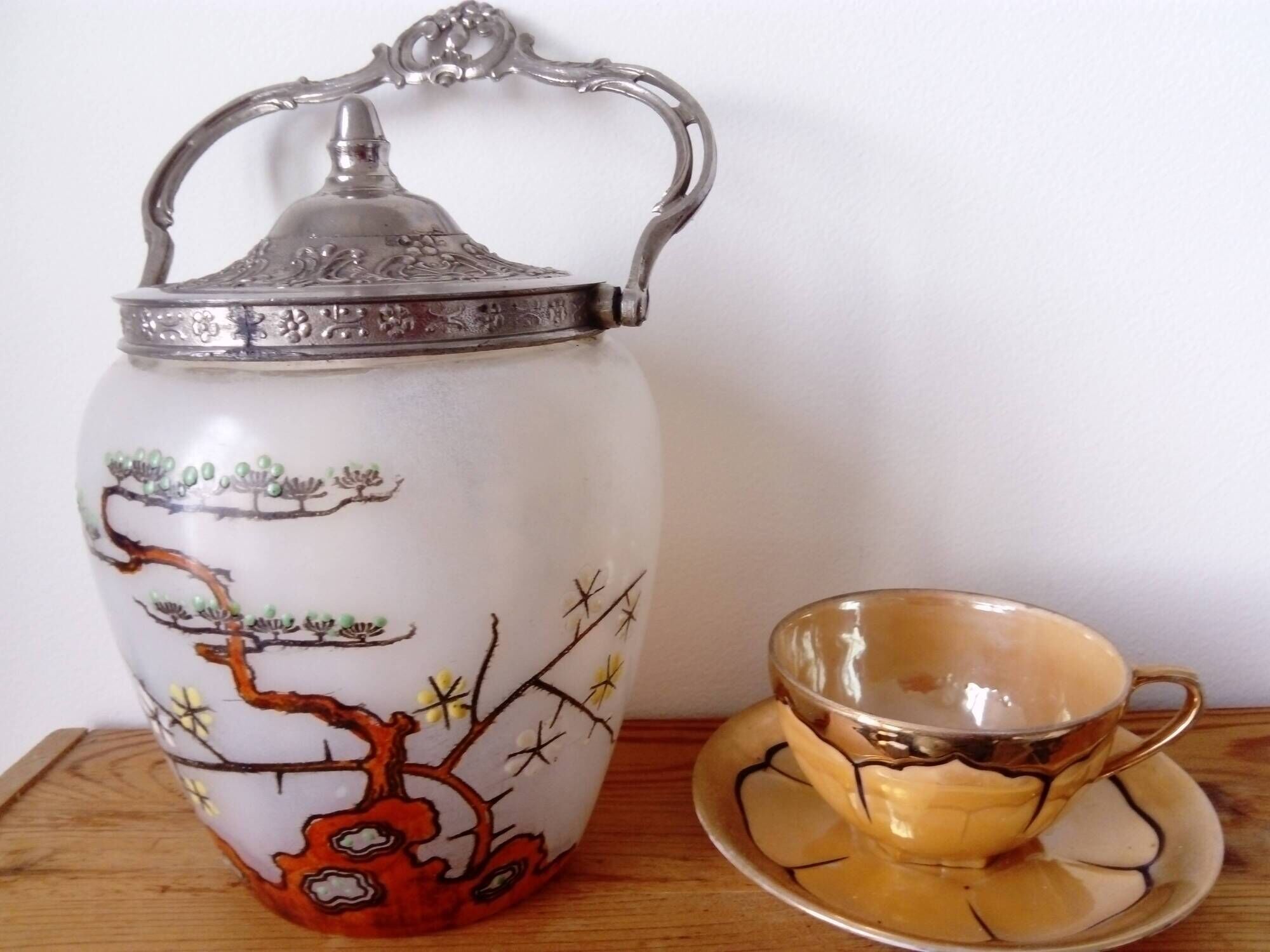 frosted glass cookie bucket with Japanese decoration. Art Nouveau