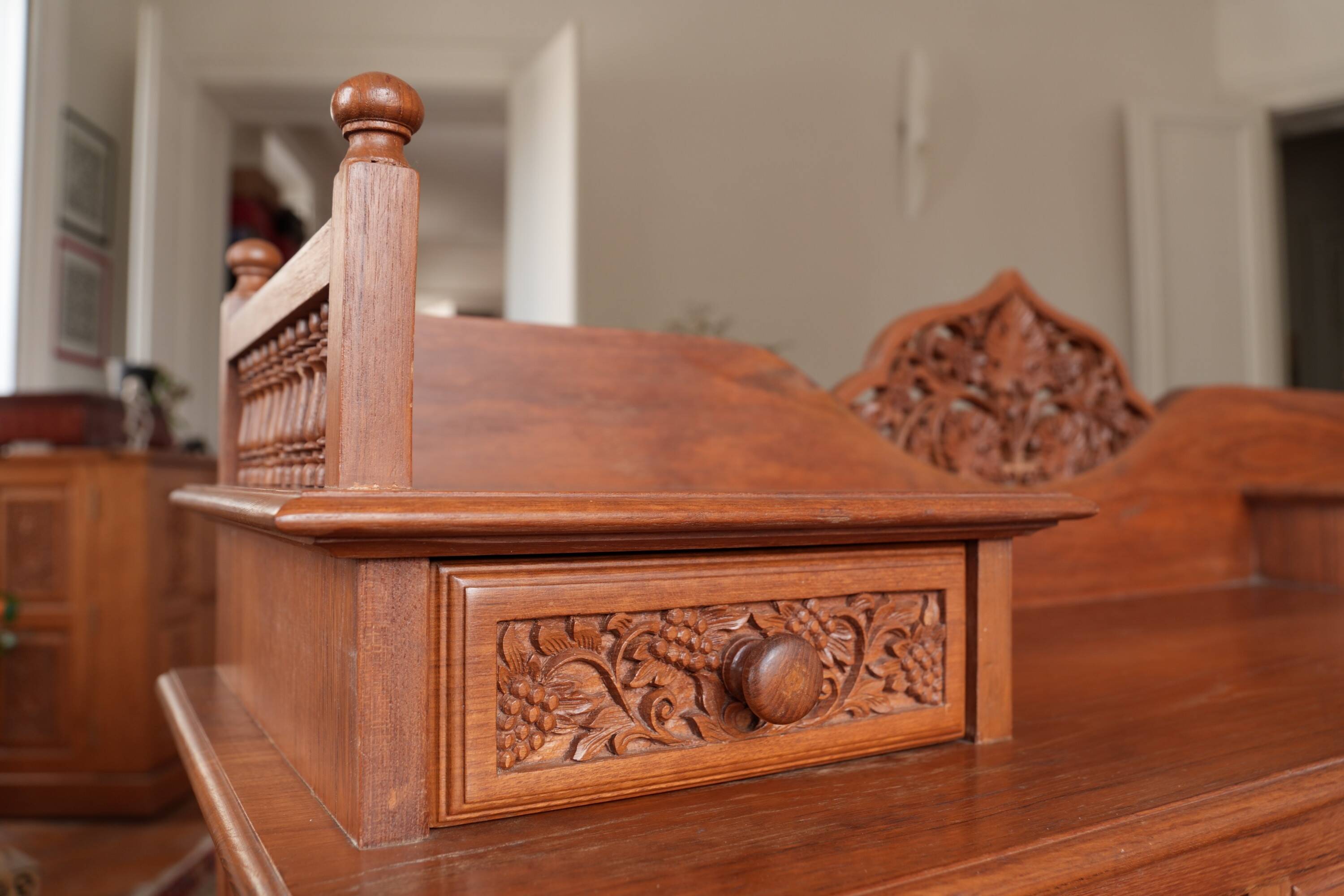 Vintage Vanity Desk, unique hand carved, Chiang Mai teak wood