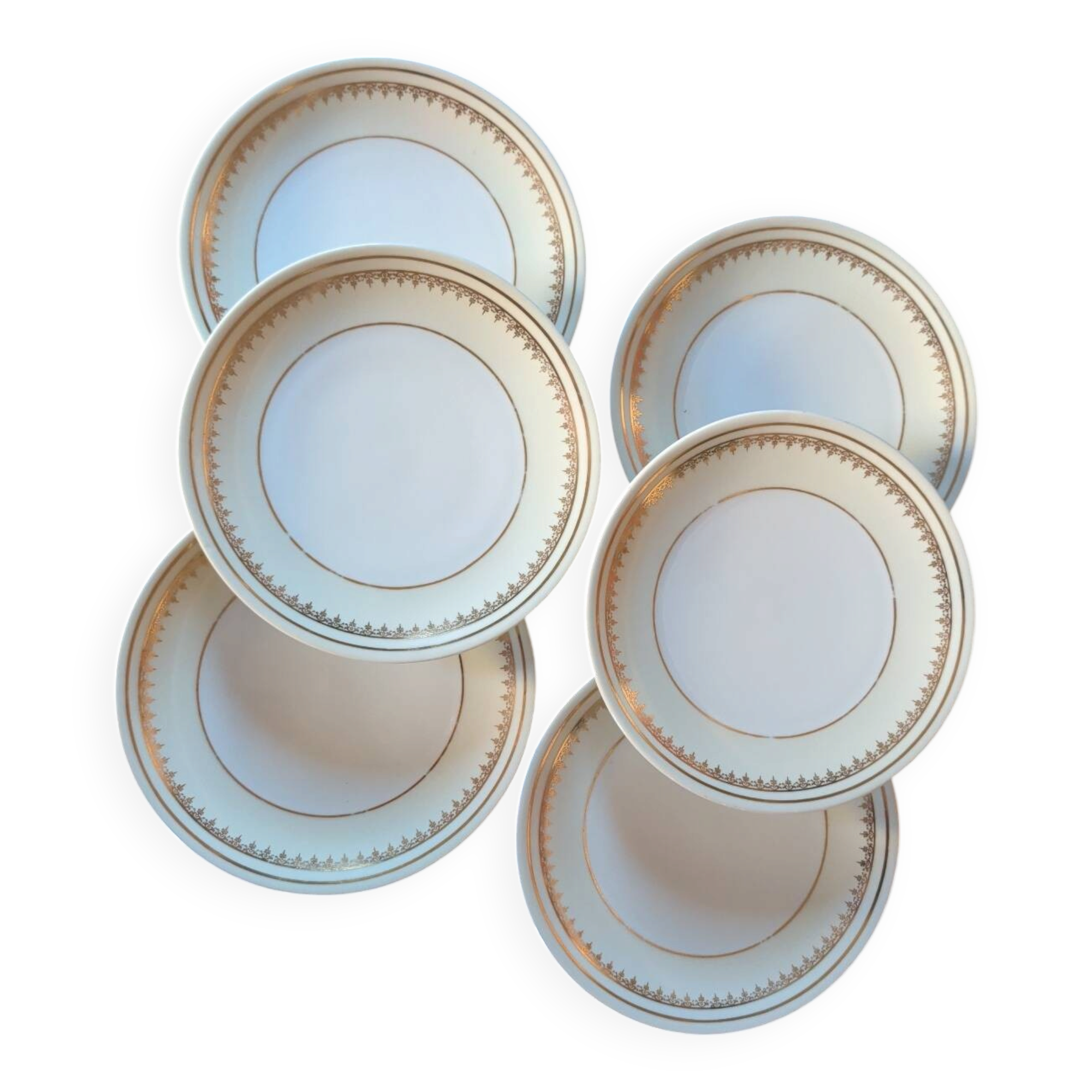 6 assiettes à dessert A. Lanternier Limoges – décor or, années 1950