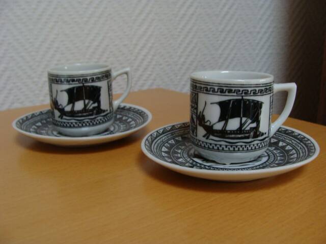 Cups and saucers, ancient boat