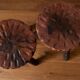 Set of two vintage round tripod stools, wooden farm stools.